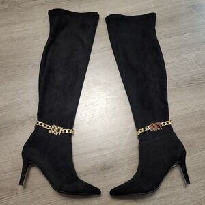 Juicy Couture Tania Black Suede Over The Knee Boots Gold Chain Stiletto Size 7
